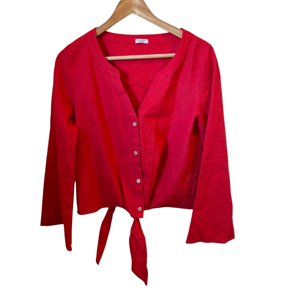 Studio 1886 Red Linen Blend Tie Front Bell Sleeve V Neck Blouse Top‎ S